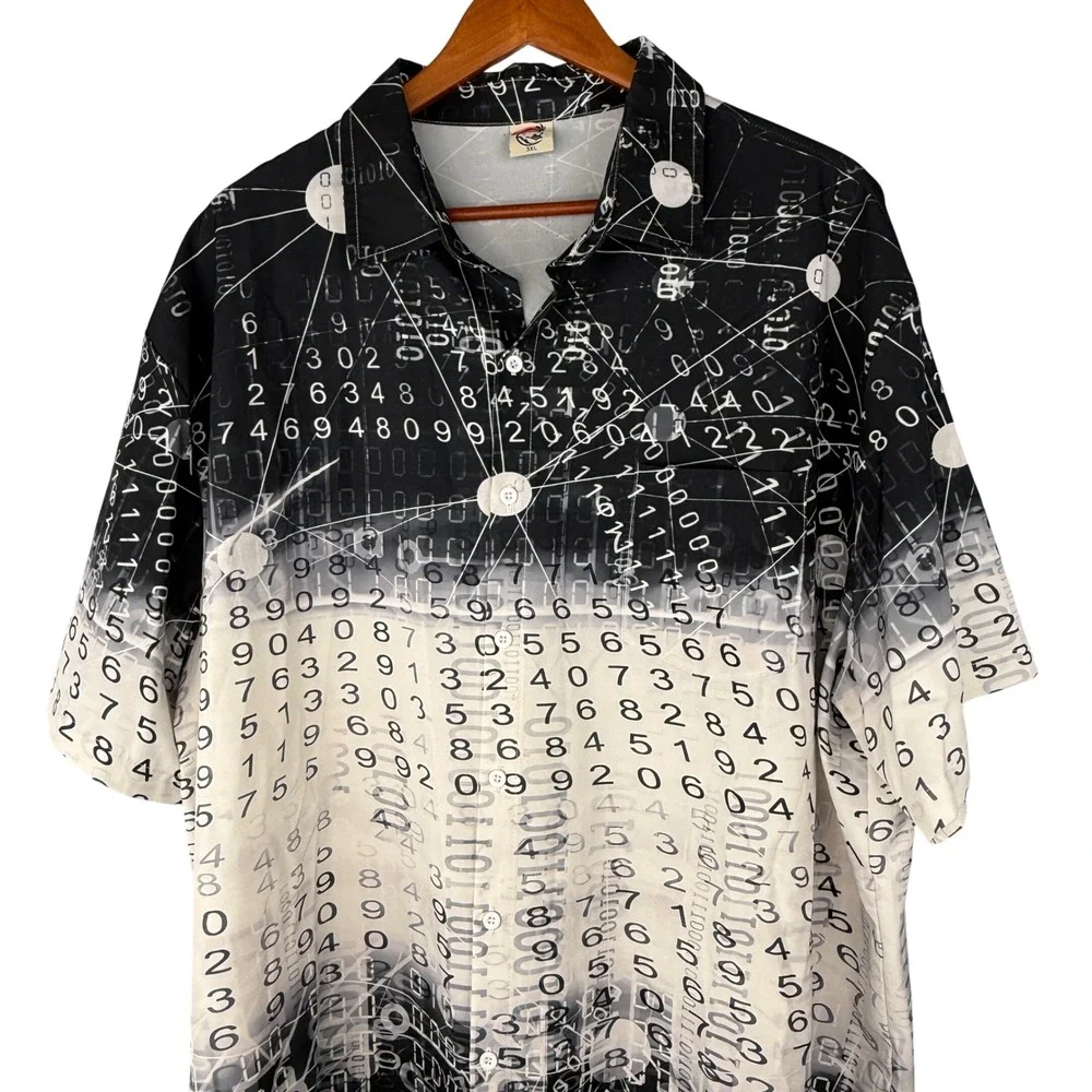 Y2K Math Button Down Shirt 3XL Digital Matrix Binary Code Print Short Sleeve
